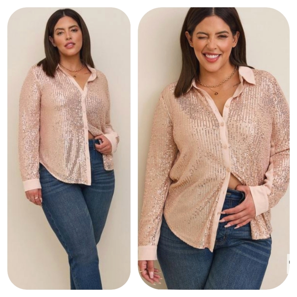 Torrid Pink Rose Gold Sequin Button Up Long Sleeve Blouse